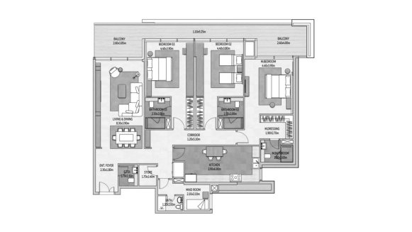Планировка квартиры 3 спальни в ЖК VISTA DEL MAR № 11032 (2D)