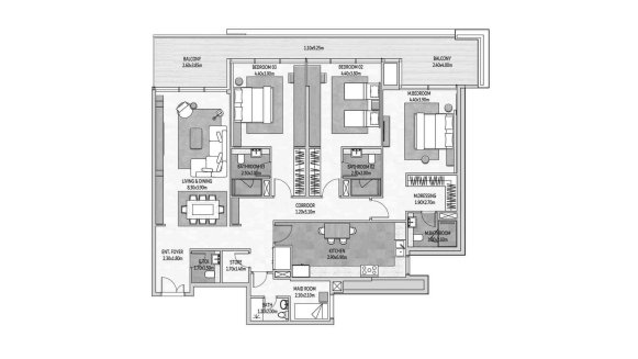 Apartment floor plan, 3 bedrooms in VISTA DEL MAR No. 11007 (2D)